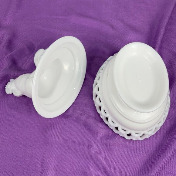 Vintage Imperial Milk Glass Rooster on Nest Dish Open Lattice Edge Bowl Farm - Picture 11 of 13